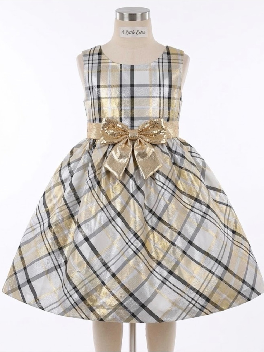 Bonnie Jean Gold and White Plaid Party Dress with Sequin Bow